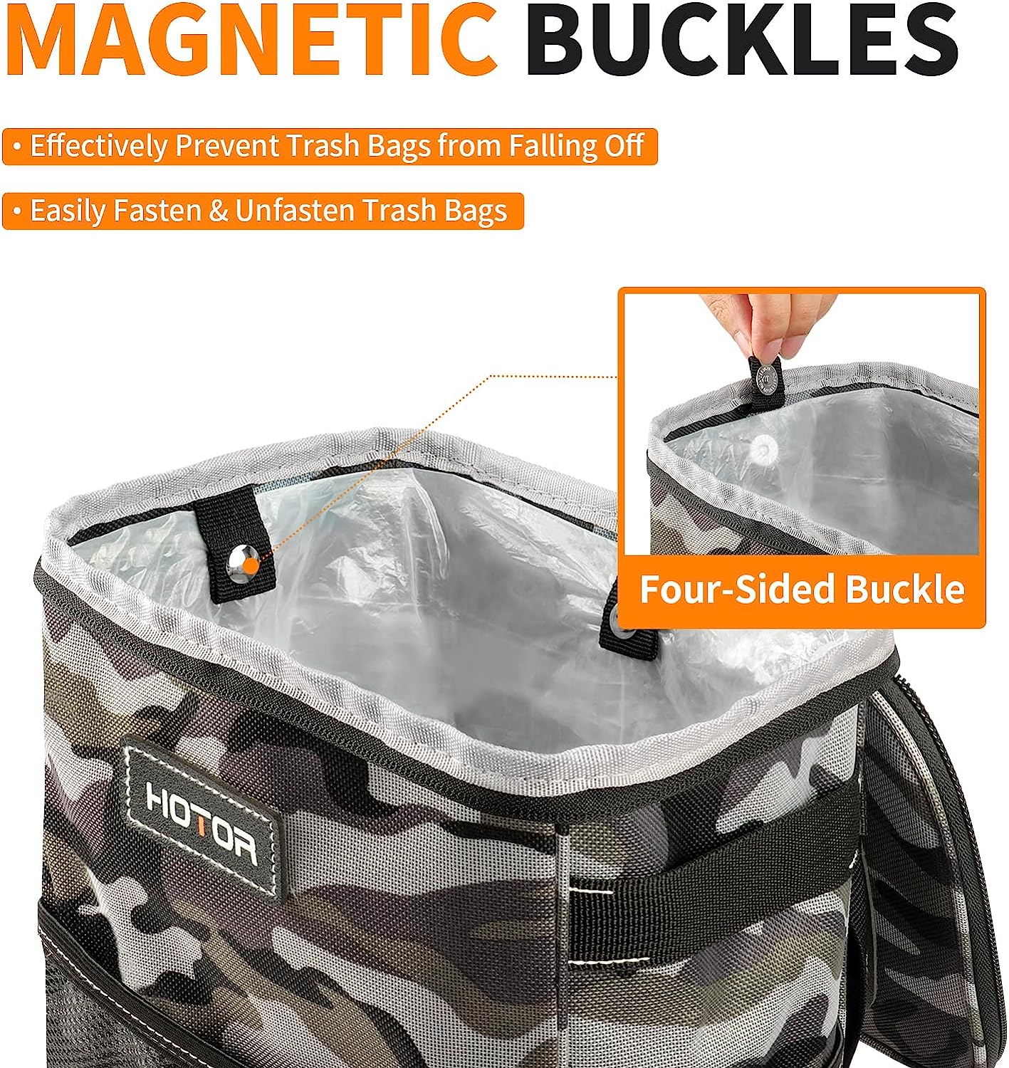 HOTOR Car Trash Can, Multifunctional Car Accessory for Interior Car Stuff Storage with Compact Design, Waterproof Car Organizer and Storage with Adjustable Straps, Magnetic Snaps (Camouflage Grey)