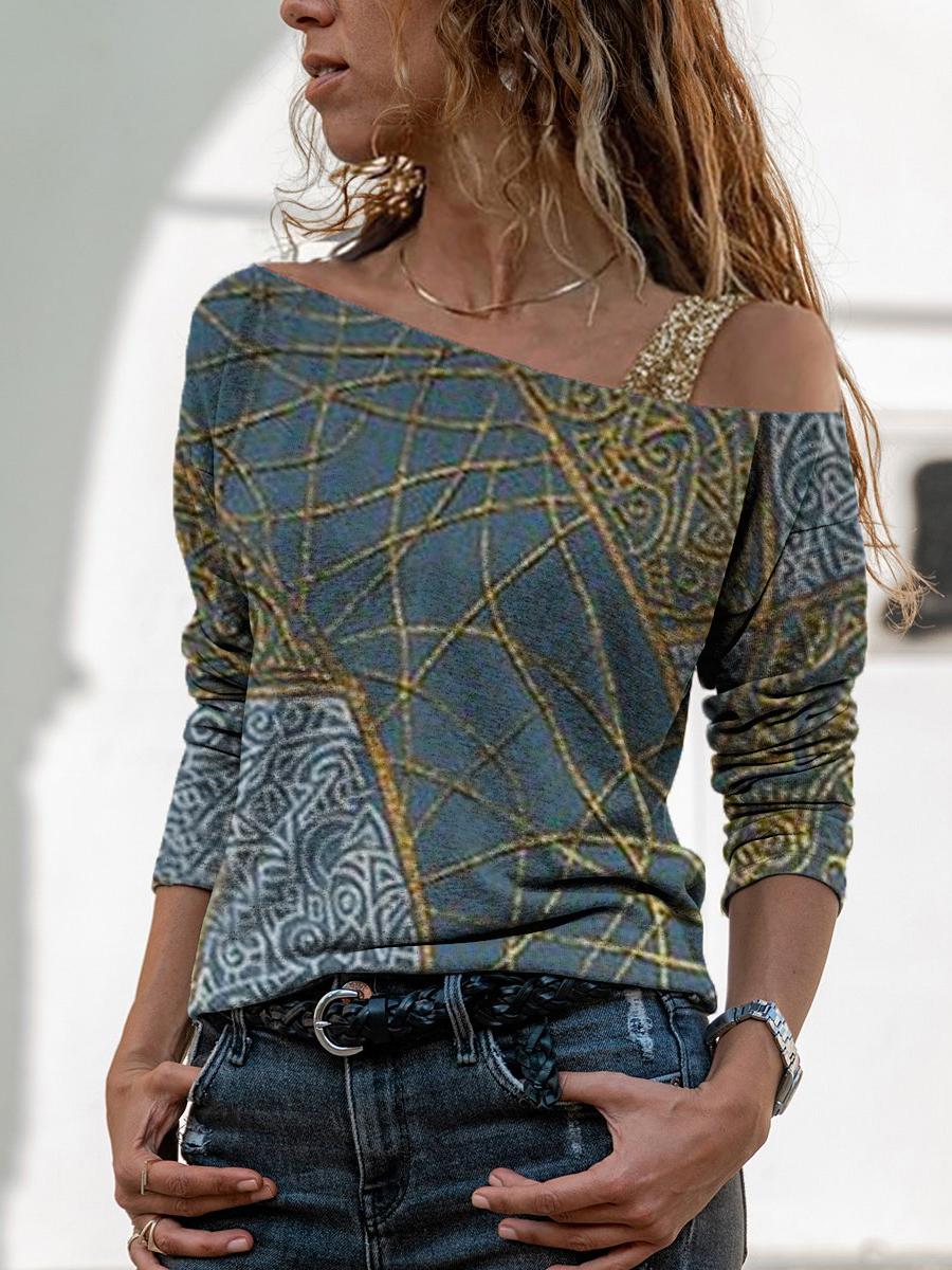 Casual Color Block Print One-Shoulder Top Women