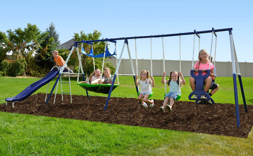 Sportspower Outdoor Rosemead Metal Swing Set with Roman Glider, Saucer, and 6ft Heavy Duty Slide