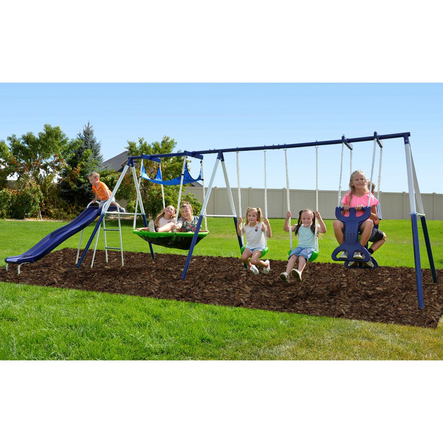 Sportspower Outdoor Rosemead Metal Swing Set with Roman Glider, Saucer, and 6ft Heavy Duty Slide