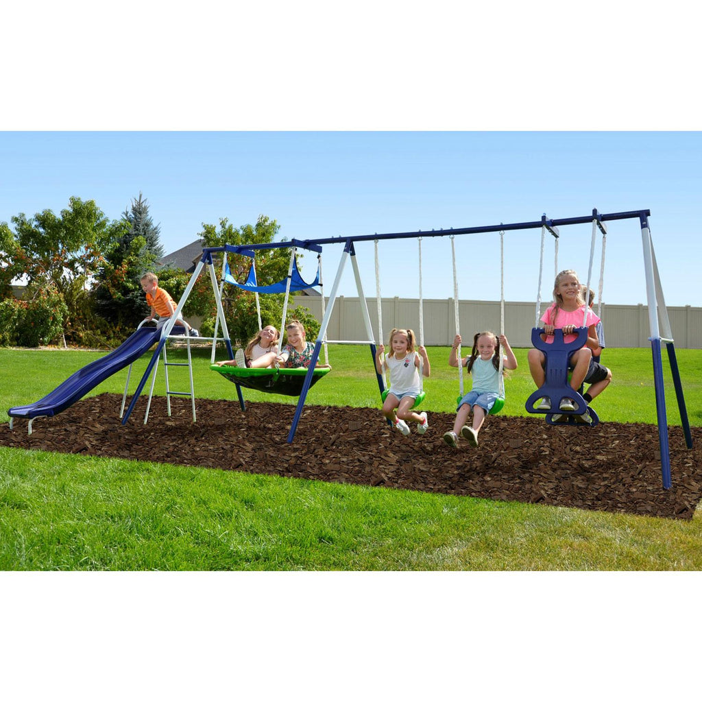 Sportspower Outdoor Rosemead Metal Swing Set with Roman Glider, Saucer, and 6ft Heavy Duty Slide