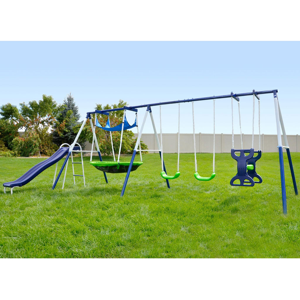 Sportspower Outdoor Rosemead Metal Swing Set with Roman Glider, Saucer, and 6ft Heavy Duty Slide