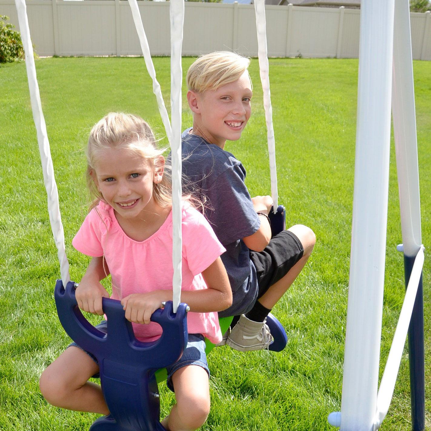 Sportspower Outdoor Rosemead Metal Swing Set with Roman Glider, Saucer, and 6ft Heavy Duty Slide