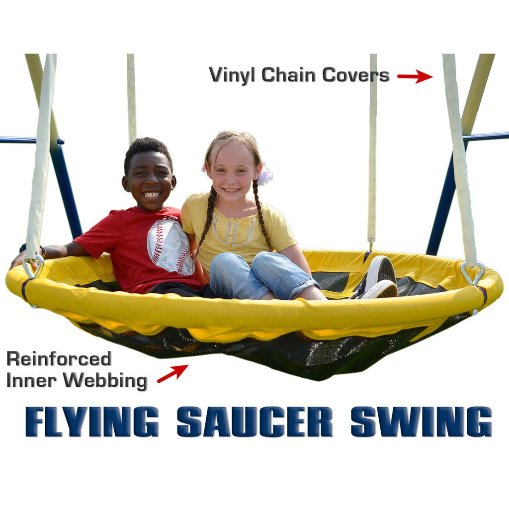 Sportspower Outdoor Rosemead Metal Swing Set with Roman Glider, Saucer, and 6ft Heavy Duty Slide