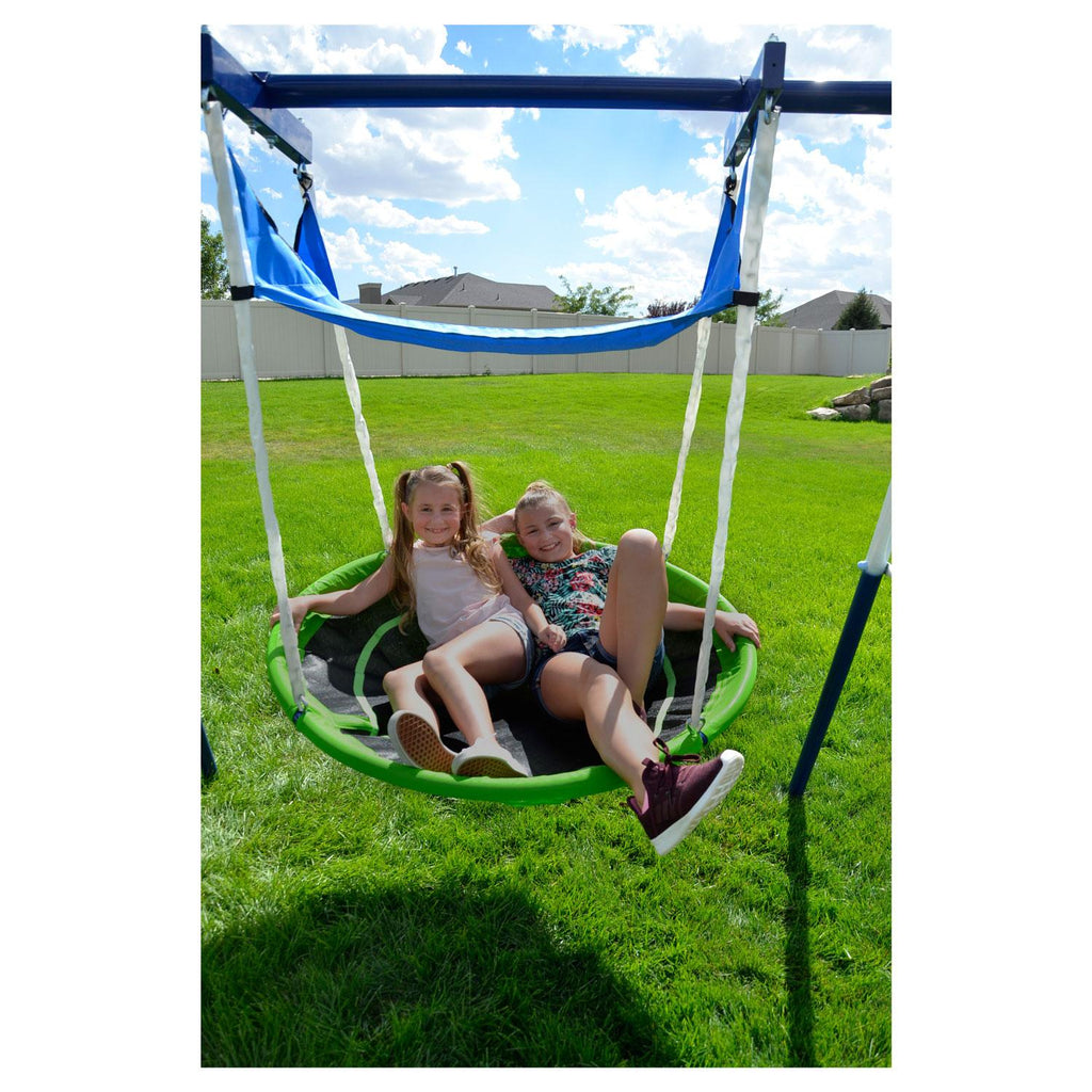 Sportspower Outdoor Rosemead Metal Swing Set with Roman Glider, Saucer, and 6ft Heavy Duty Slide