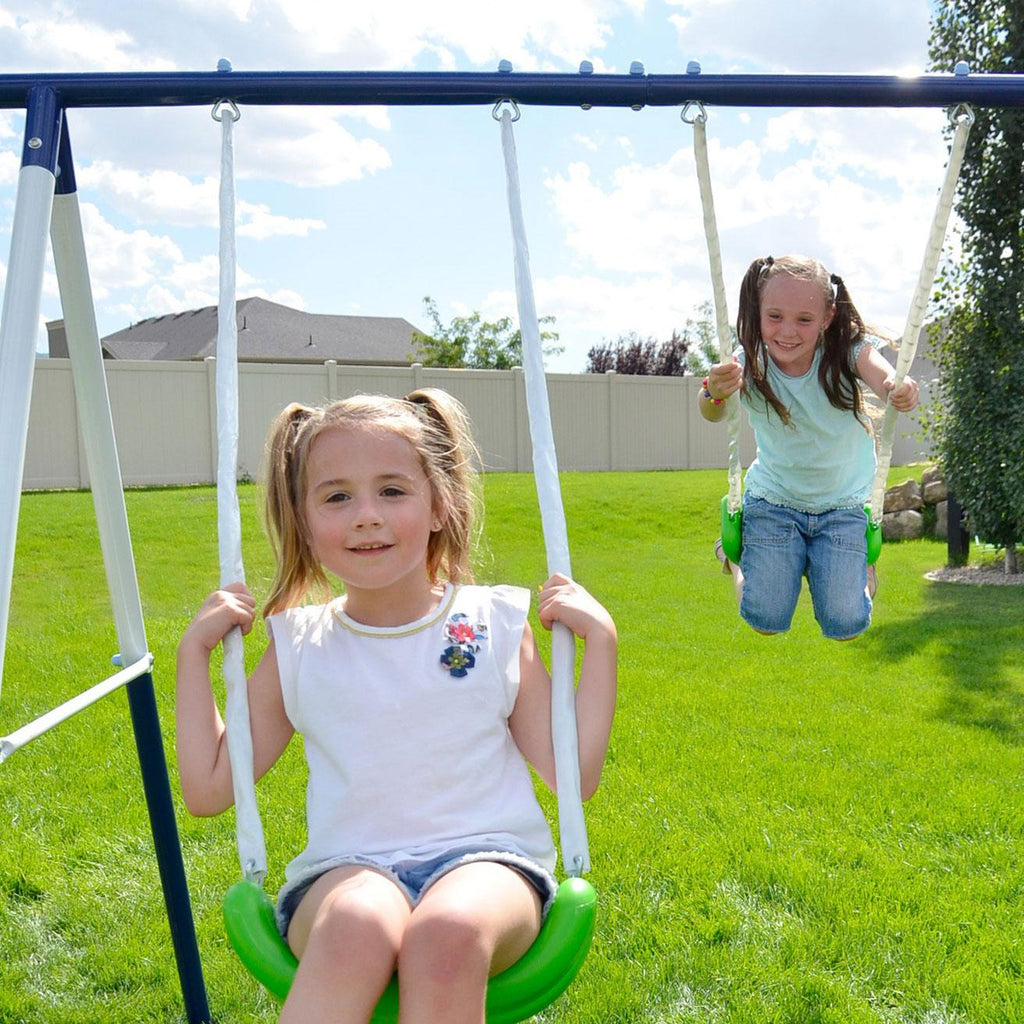 Sportspower Outdoor Rosemead Metal Swing Set with Roman Glider, Saucer, and 6ft Heavy Duty Slide