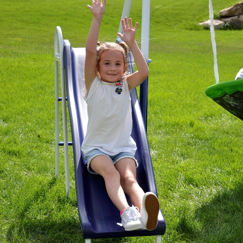 Sportspower Outdoor Rosemead Metal Swing Set with Roman Glider, Saucer, and 6ft Heavy Duty Slide
