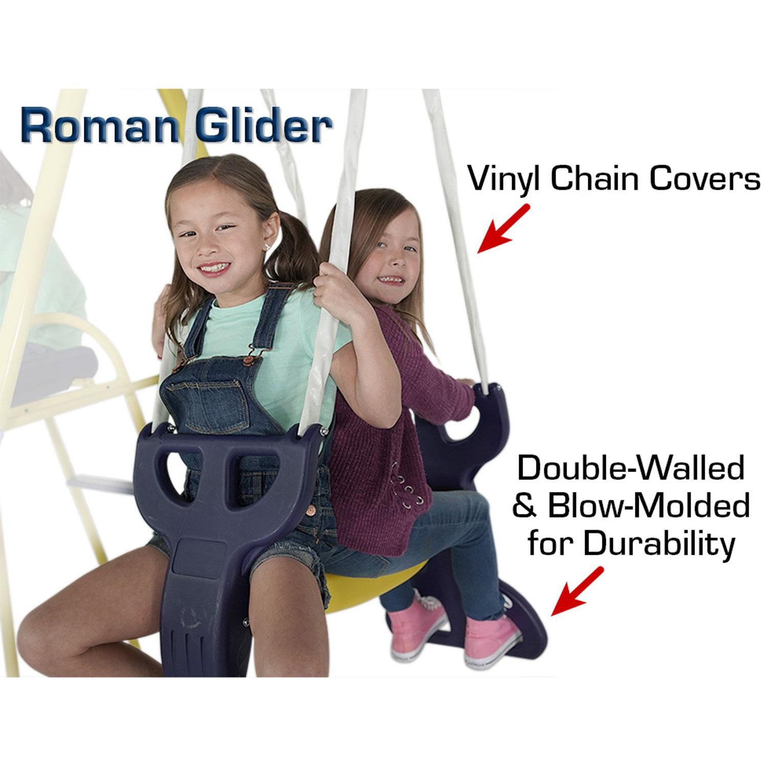 Sportspower Outdoor Rosemead Metal Swing Set with Roman Glider, Saucer, and 6ft Heavy Duty Slide