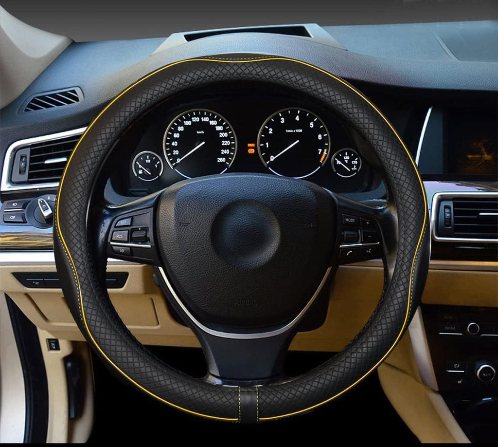 Gomass Car Steering Wheel Cover, Anti-Slip, Safety, Soft, Breathable, Heavy Duty, Thick, Full Surround, Sports Style (Black with Yellow Line)