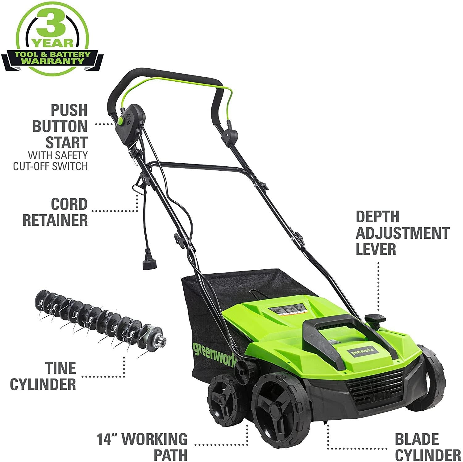 Greenworks 13 Amp 14-Inch Corded Dethatcher / Scarifier, DT13B00