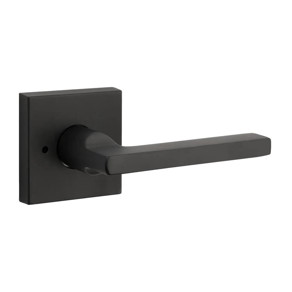Reserve Square Satin Black Bed/Bath Door Lever with Contemporary Square Rose