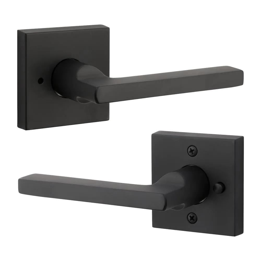 Reserve Square Satin Black Bed/Bath Door Lever with Contemporary Square Rose