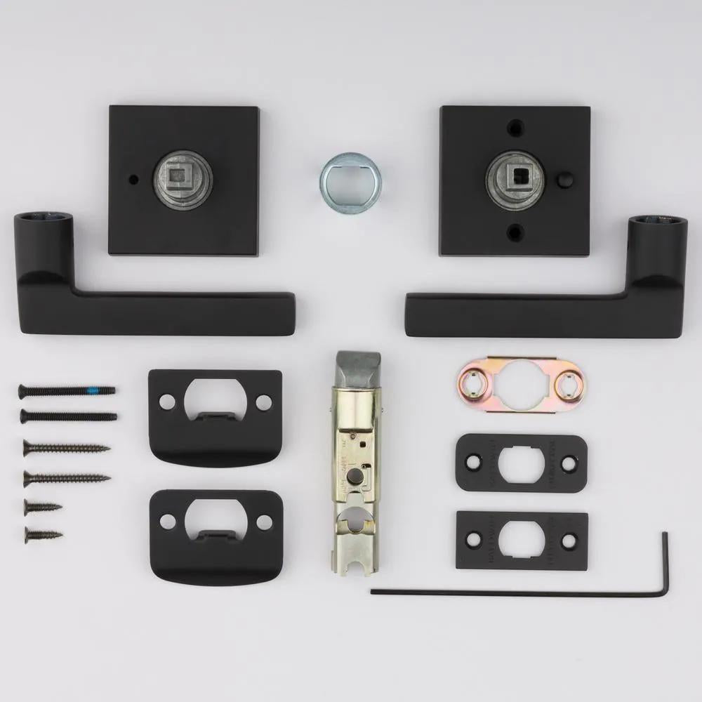 Reserve Square Satin Black Bed/Bath Door Lever with Contemporary Square Rose