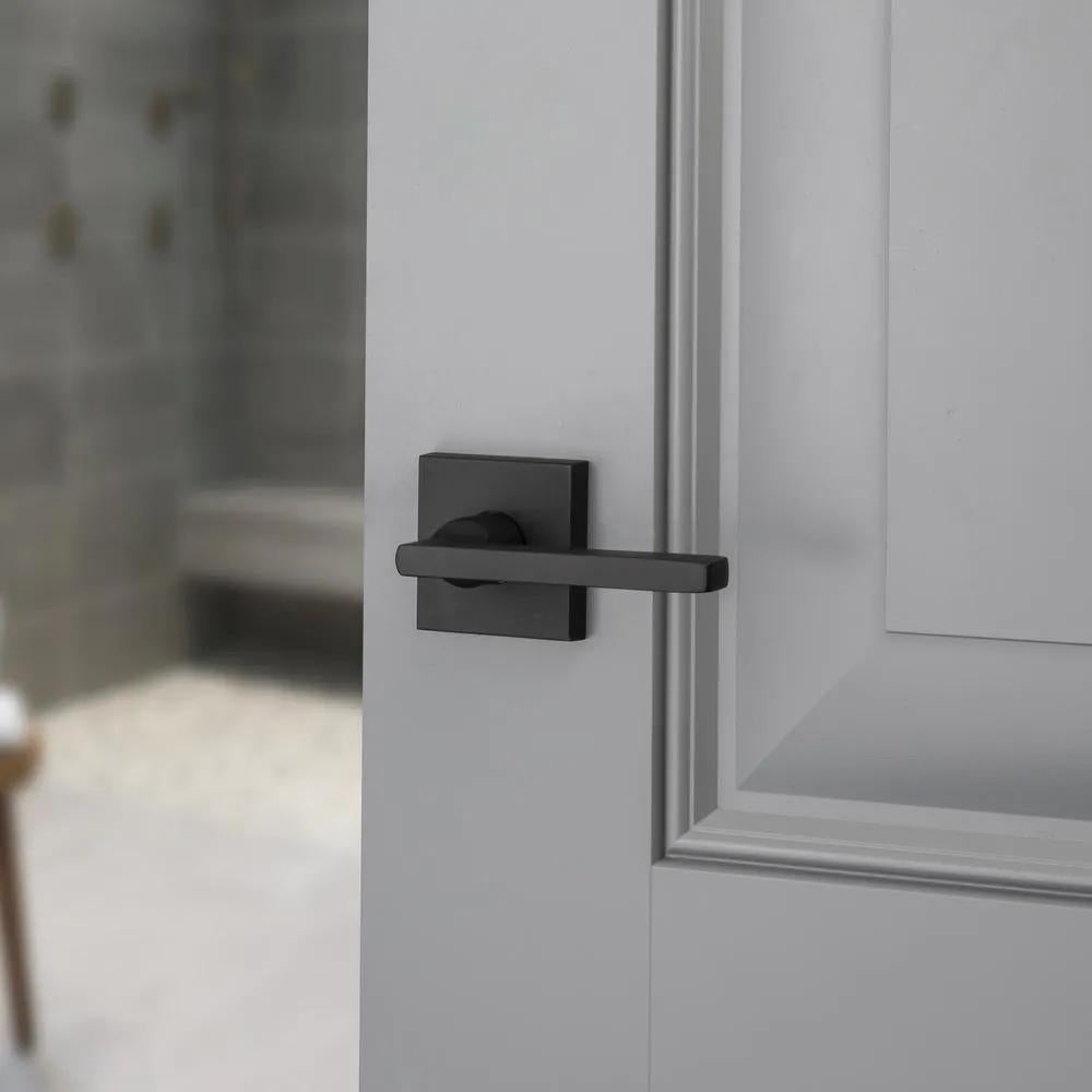 Reserve Square Satin Black Bed/Bath Door Lever with Contemporary Square Rose