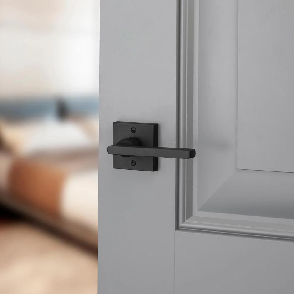Reserve Square Satin Black Bed/Bath Door Lever with Contemporary Square Rose