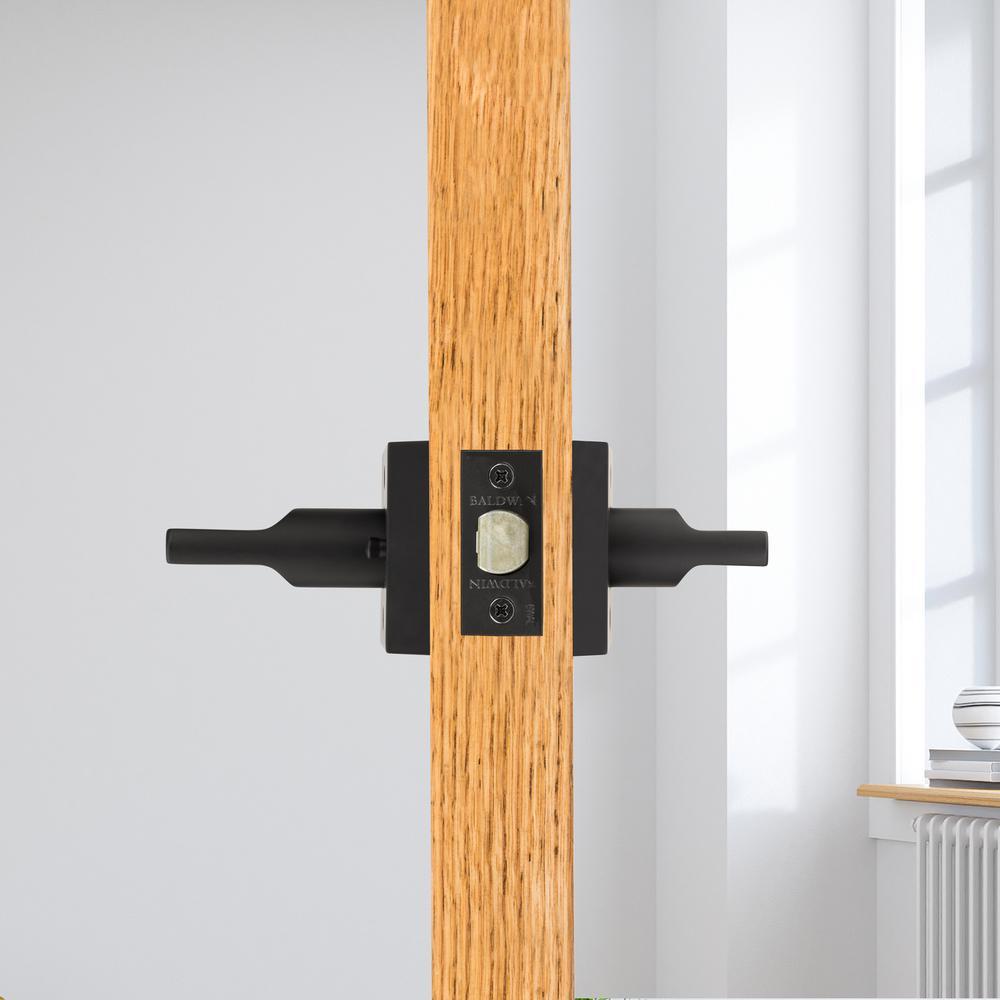 Reserve Square Satin Black Bed/Bath Door Lever with Contemporary Square Rose