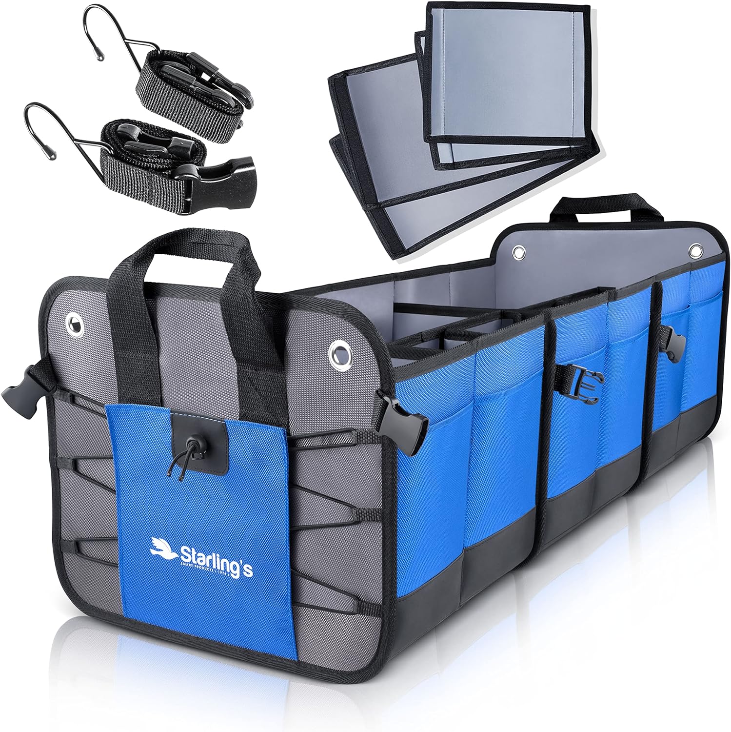 Starling's Car Trunk Organizer - Durable Storage SUV Cargo Organizer Adjustable (Blue, 3 Compartments)