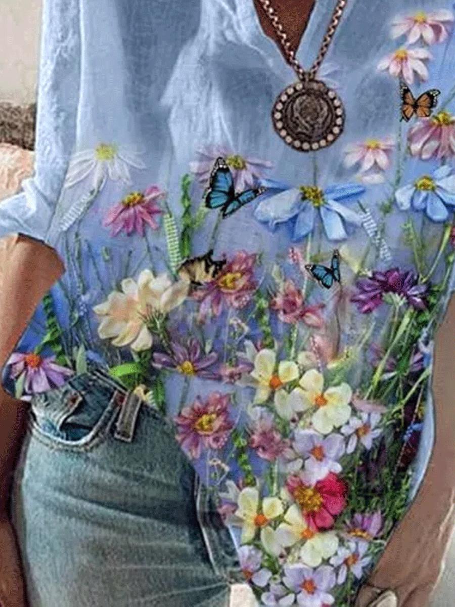 V-neck Floral Print Light Blouse
