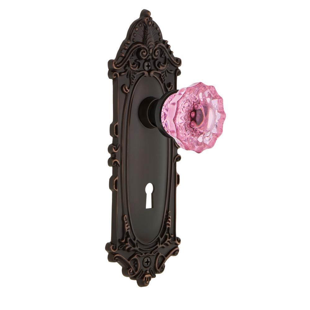 Victorian Plate Interior Mortise Crystal Pink Glass Door Knob in Timeless Bronze