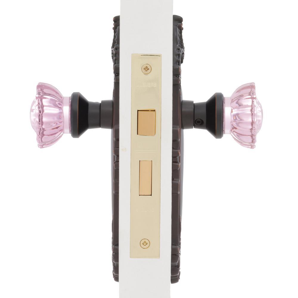 Victorian Plate Interior Mortise Crystal Pink Glass Door Knob in Timeless Bronze