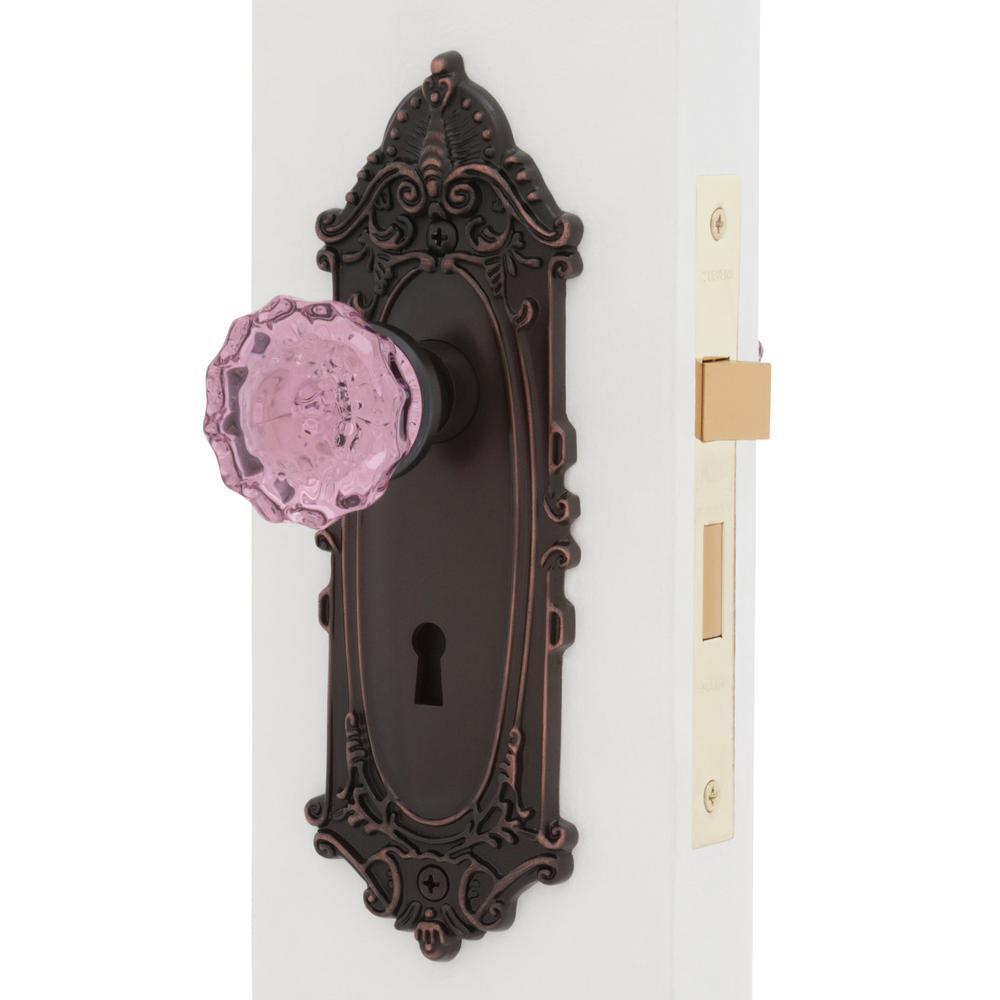 Victorian Plate Interior Mortise Crystal Pink Glass Door Knob in Timeless Bronze