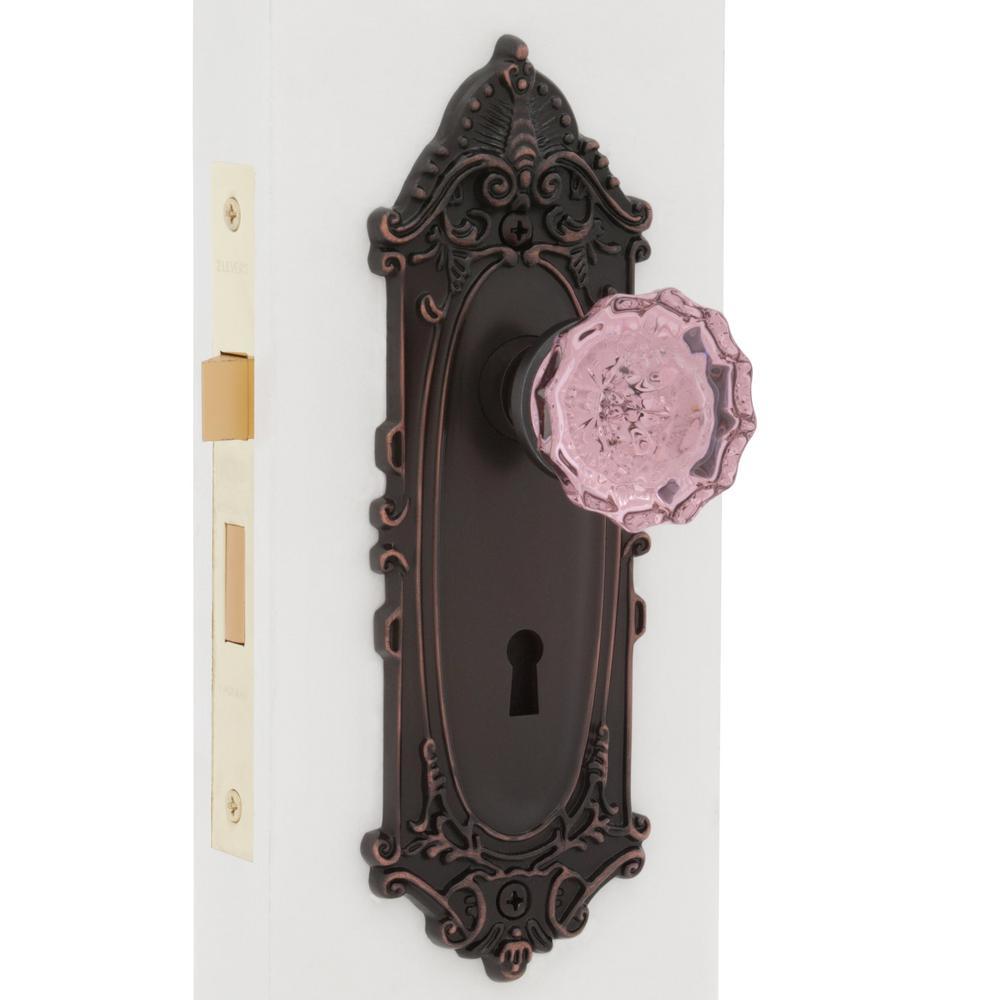 Victorian Plate Interior Mortise Crystal Pink Glass Door Knob in Timeless Bronze