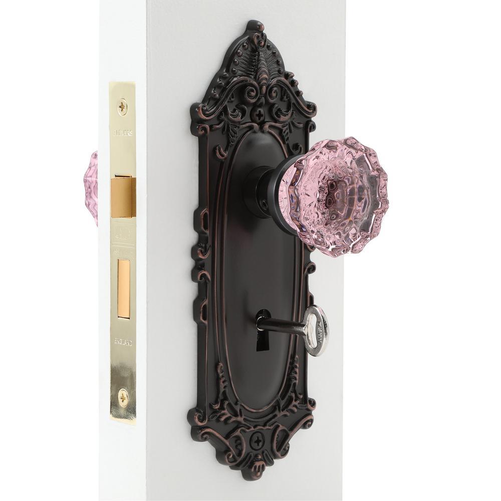 Victorian Plate Interior Mortise Crystal Pink Glass Door Knob in Timeless Bronze