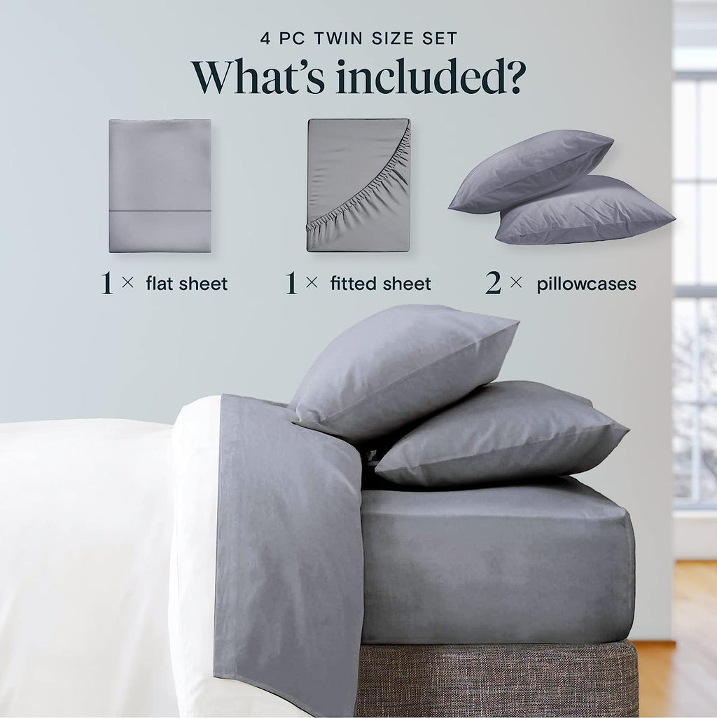 LuxClub Twin Sheets Set - Soft Twin Bed Sheets for Boys and Girls, 4 PC Deep Pockets 18" Eco Friendly Wrinkle Free Kids Fitted Sheets Machine Washable Hotel Bedding Silky Soft- Silver Twin