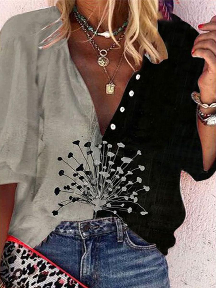 V-neck Dandelion Print Loose Casual Blouse