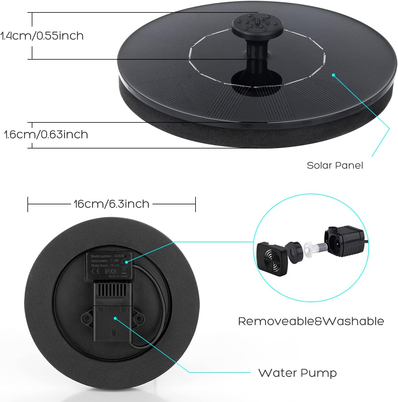 Mademax Solar Bird Bath Fountain Pump, Upgrade Solar Fountain with 6 Nozzle, Free Standing Floating Solar Powered Water Fountain Pump for Bird Bath, Garden, Pond, Pool, Outdoor