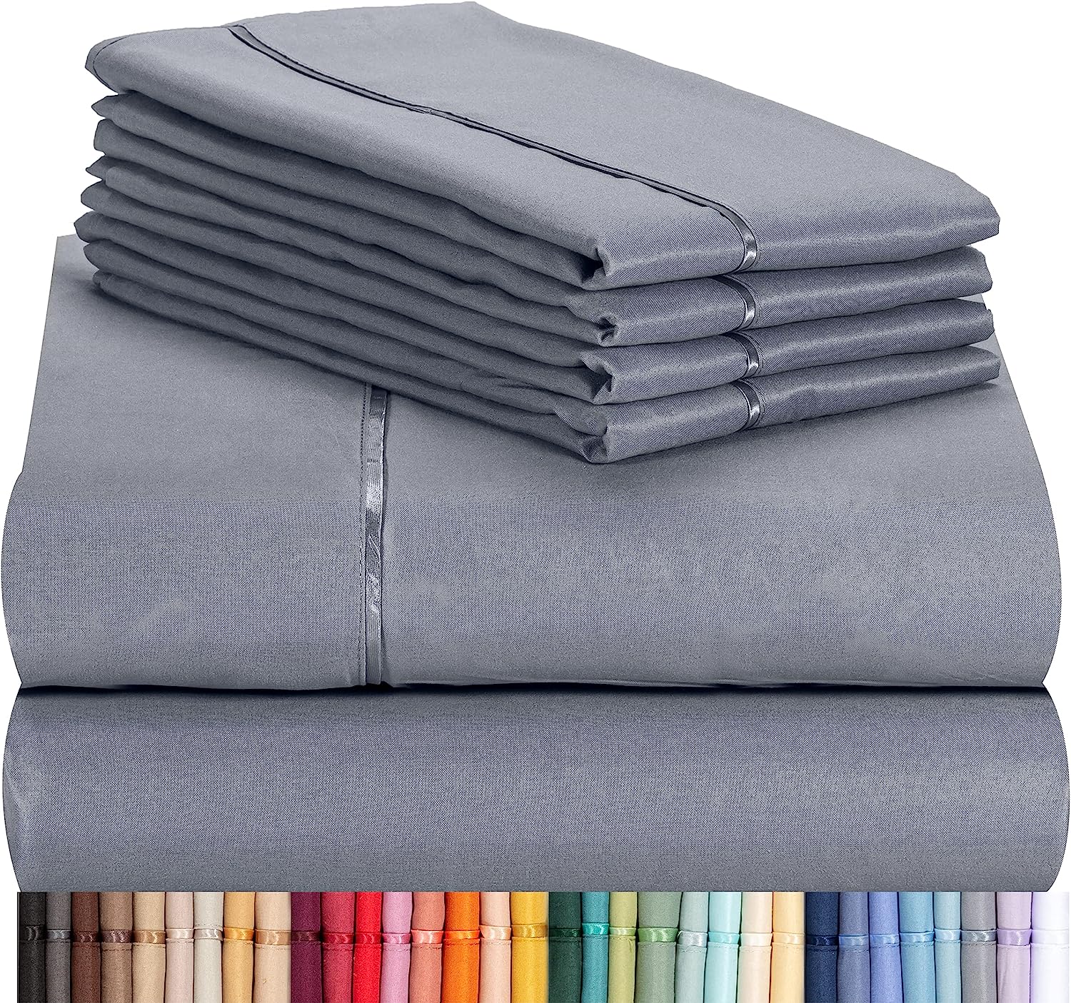 LuxClub 6 PC Sheet Set w/ 18 inch Deep Pockets - Eco Friendly, Wrinkle Free, Hypoallergentic, Fade Resistant, Silky, Stronger &amp; Softer Than Cotton -Silver California King