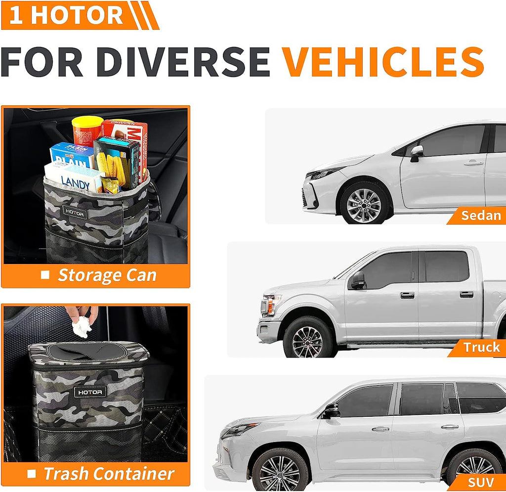HOTOR Car Trash Can, Multifunctional Car Accessory for Interior Car Stuff Storage with Compact Design, Waterproof Car Organizer and Storage with Adjustable Straps, Magnetic Snaps (Camouflage Grey)