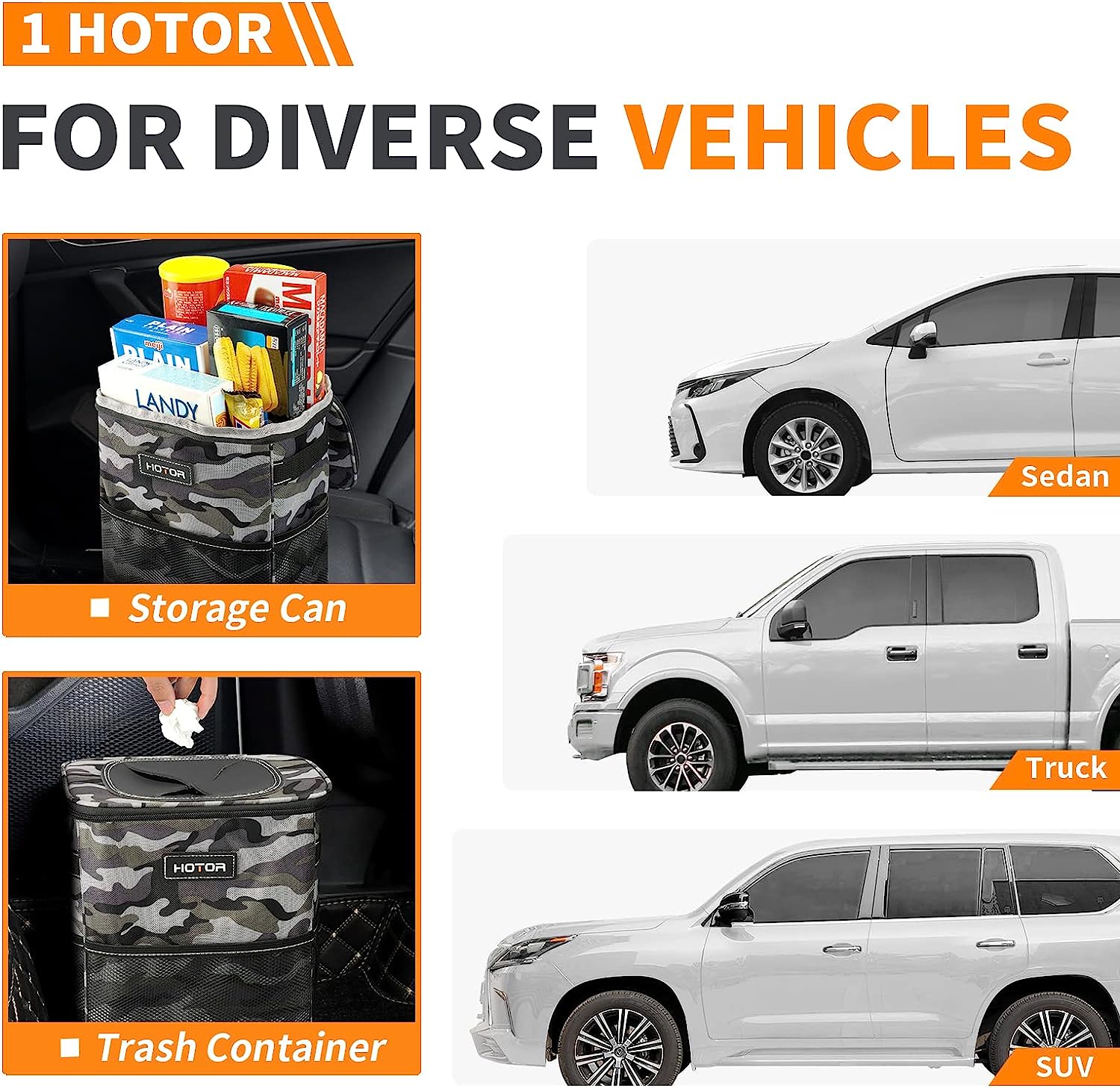 HOTOR Car Trash Can, Multifunctional Car Accessory for Interior Car Stuff Storage with Compact Design, Waterproof Car Organizer and Storage with Adjustable Straps, Magnetic Snaps (Camouflage Grey)