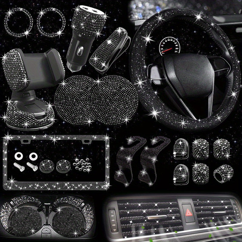 27pcs Bling Car Accessories Set For Women, Bling Steering Wheel Covers Universal Fit 15 Inch, Bling License Plate Frame,  Phone Holder, Car Coasters