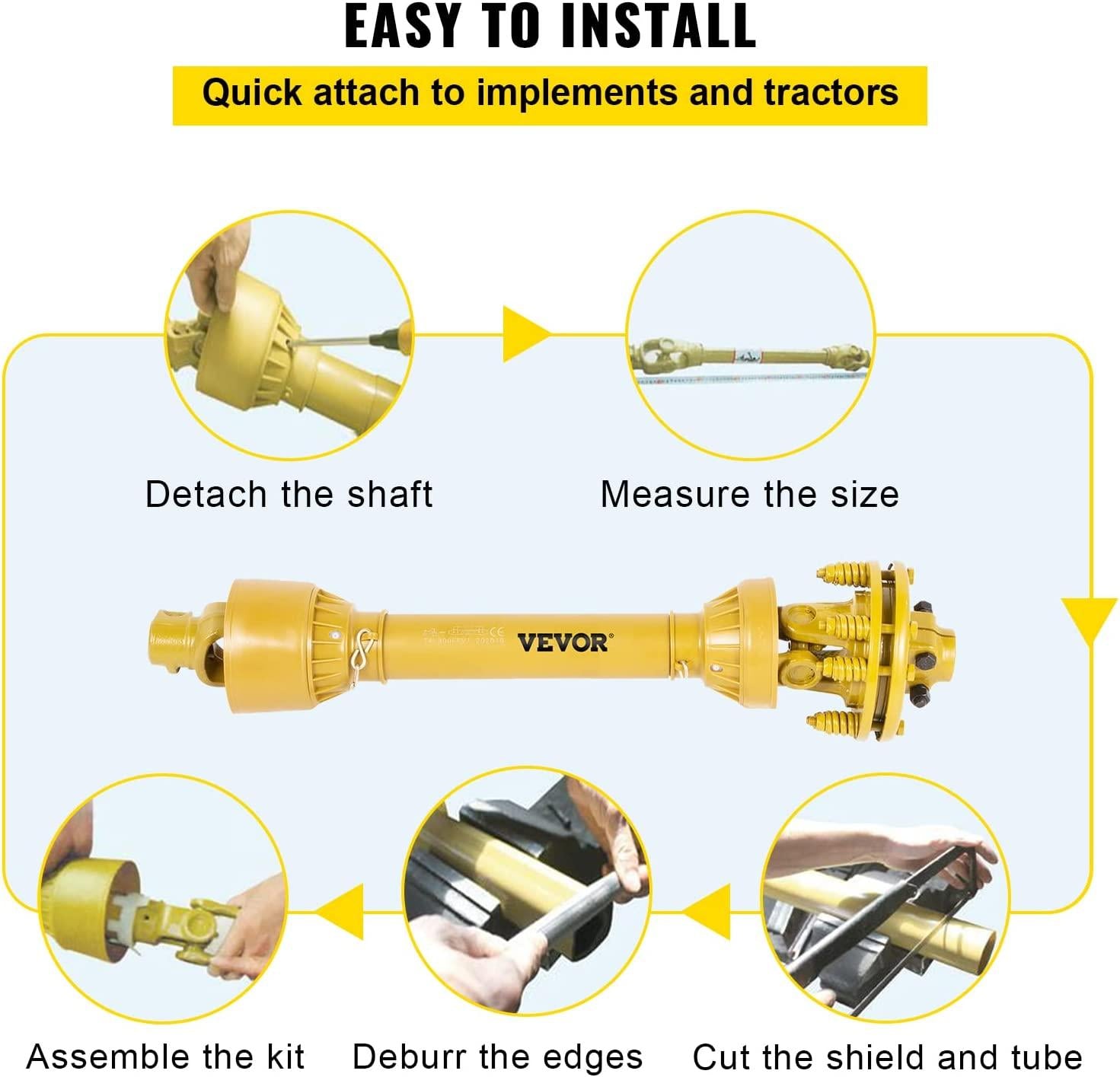 PTO Shaft, 1-3/8" PTO Drive Shaft, 6 Spline Both Ends PTO Driveline Shaft, Series 4 Tractor PTO Shaft, 31.5"-41" Brush Hog PTO Shaft, Yellow PTO Shaft w/Slip Clutch for Bush Hog/Finish Mower