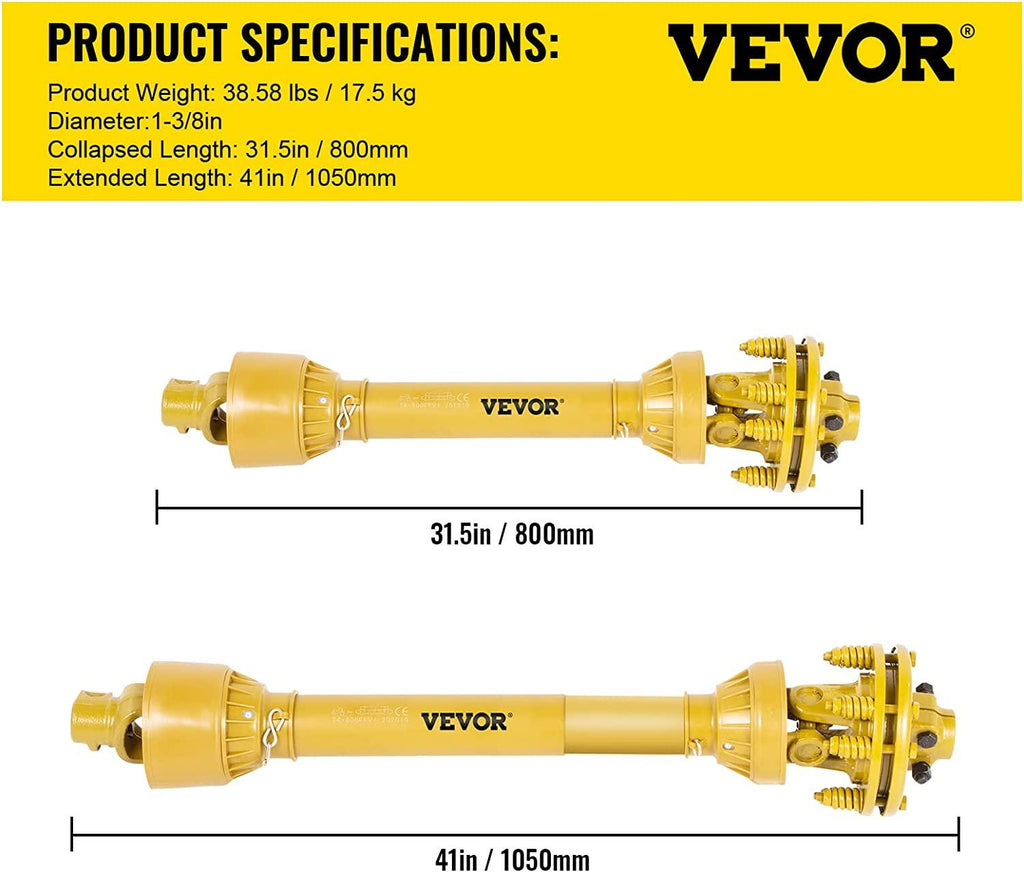 PTO Shaft, 1-3/8" PTO Drive Shaft, 6 Spline Both Ends PTO Driveline Shaft, Series 4 Tractor PTO Shaft, 31.5"-41" Brush Hog PTO Shaft, Yellow PTO Shaft w/Slip Clutch for Bush Hog/Finish Mower