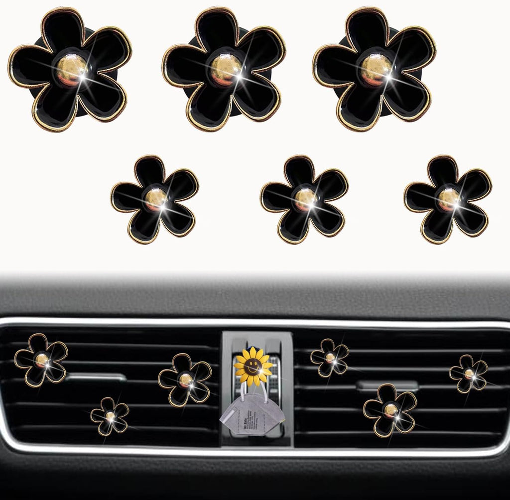 6 Pcs Daisy Air Vent Clips, Cute Flower Air Conditioning Outlet Clip Car Air Fresheners Vent Clips Car Interior Decor Charm Car Decoration Cute Car Accessories for Women Girls + Mask Hook (Black)
