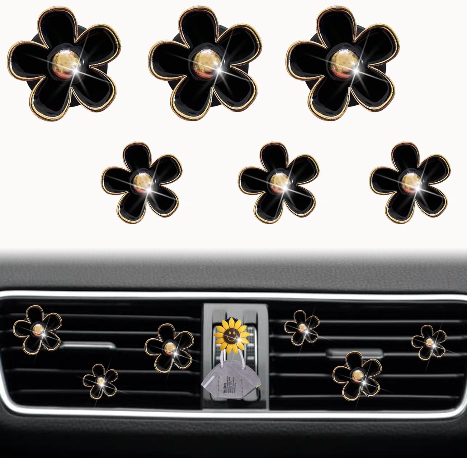 6 Pcs Daisy Air Vent Clips, Cute Flower Air Conditioning Outlet Clip Car Air Fresheners Vent Clips Car Interior Decor Charm Car Decoration Cute Car Accessories for Women Girls + Mask Hook (Black)