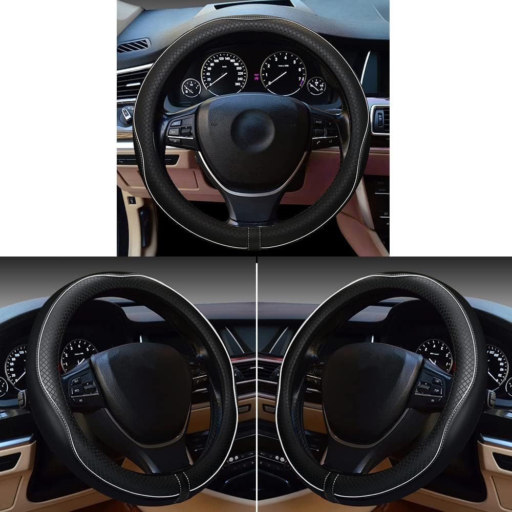 Car Steering Wheel Cover, Anti-Slip, Safety, Soft, Breathable, Heavy Duty, Thick, Full Surround, Sports Style (Black with White Line)