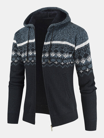 mens ethnic style knitted woolen zipper drawstring hooded sweater cardigan