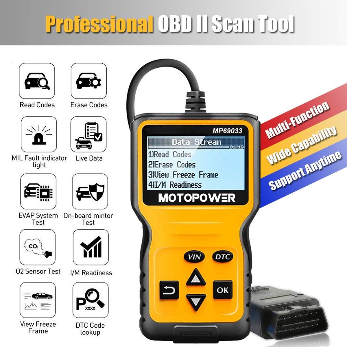 MOTOPOWER MP69033 Car OBD2 Scanner Code Reader Engine Fault Code Reader Scanner CAN Diagnostic Scan Tool for All OBD II Protocol Cars Since 1996, Yellow