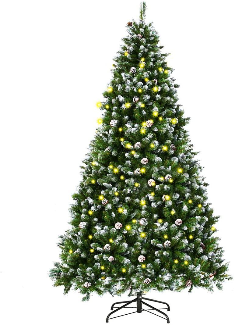 SUNCROWN 7ft Pre-Lit Fiber Artificial Christmas Pine Tree Holiday Decor w/ 450 Warm White Lights, Foldable Metal Base, Green