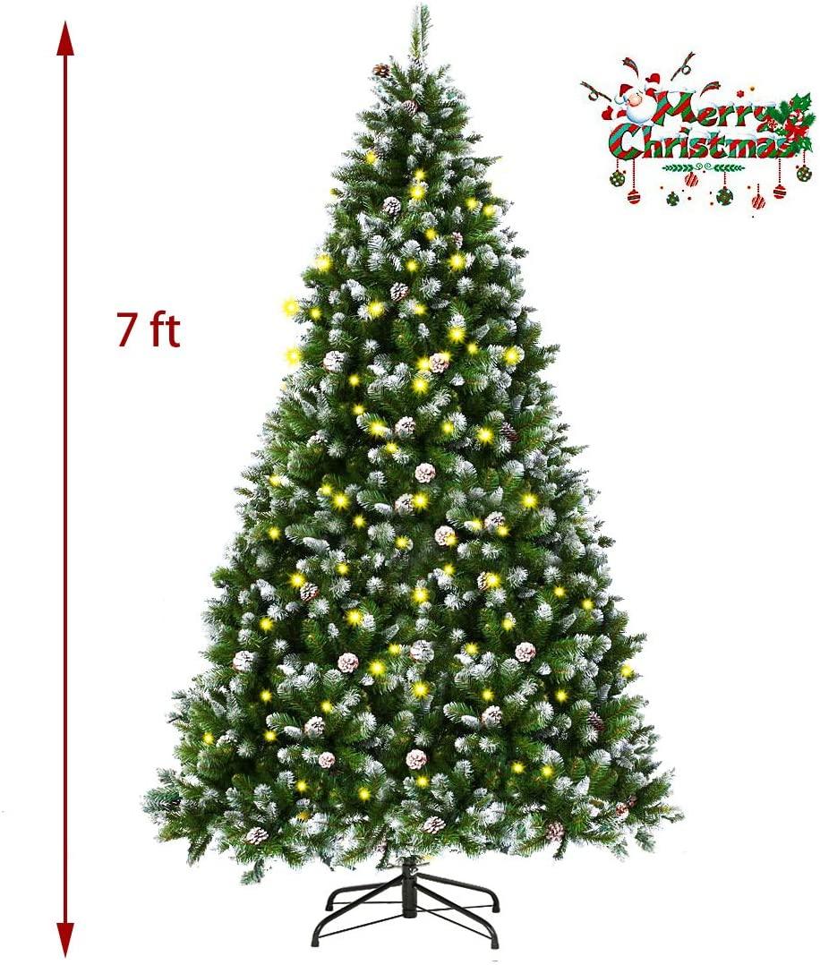 SUNCROWN 7ft Pre-Lit Fiber Artificial Christmas Pine Tree Holiday Decor w/ 450 Warm White Lights, Foldable Metal Base, Green