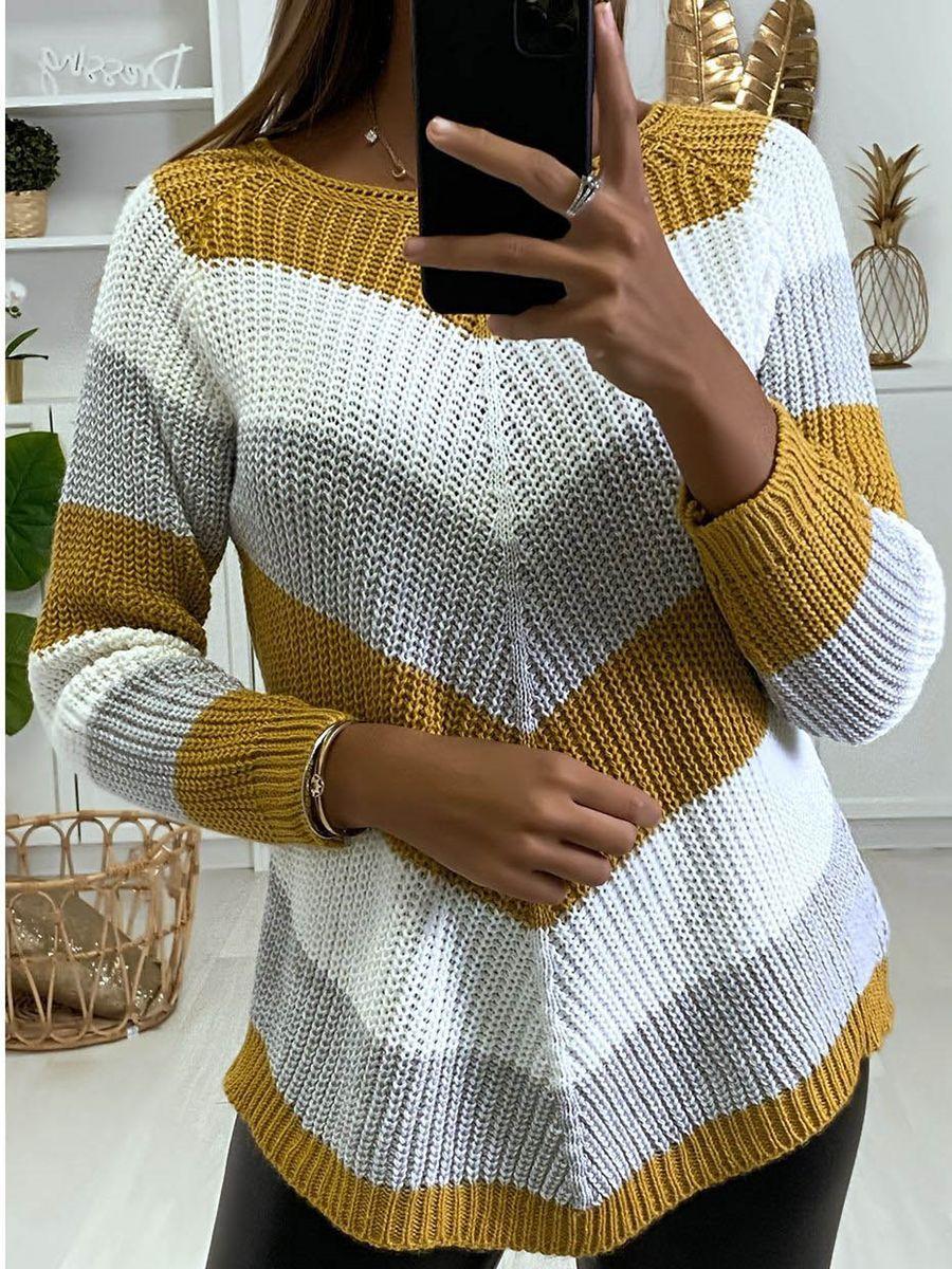 V-neck Contrast Stripe Print Loose Casual Sweater Pullover