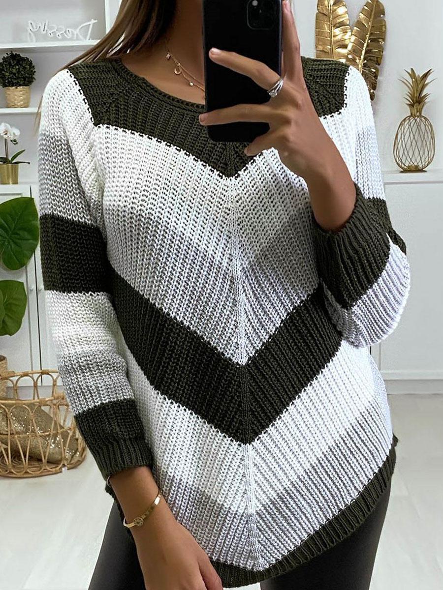 V-neck Contrast Stripe Print Loose Casual Sweater Pullover