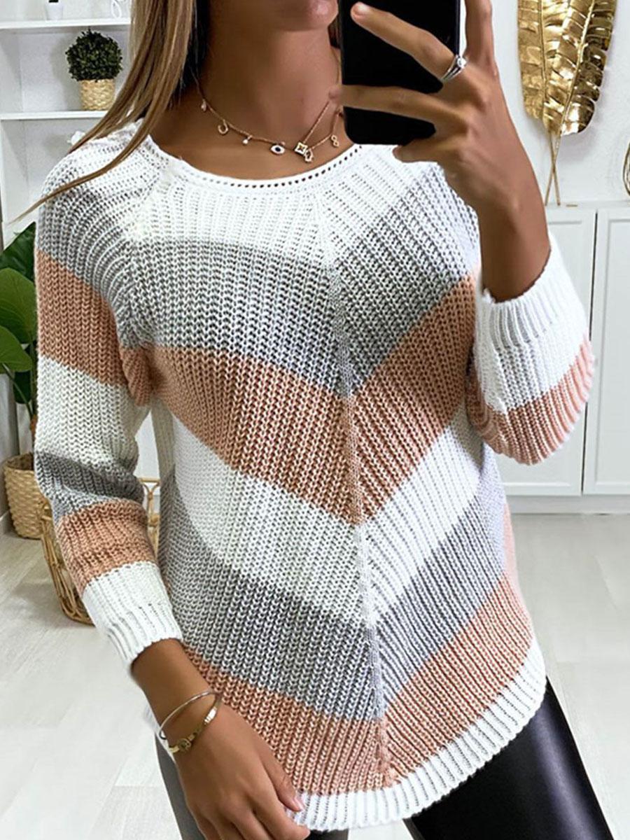 V-neck Contrast Stripe Print Loose Casual Sweater Pullover