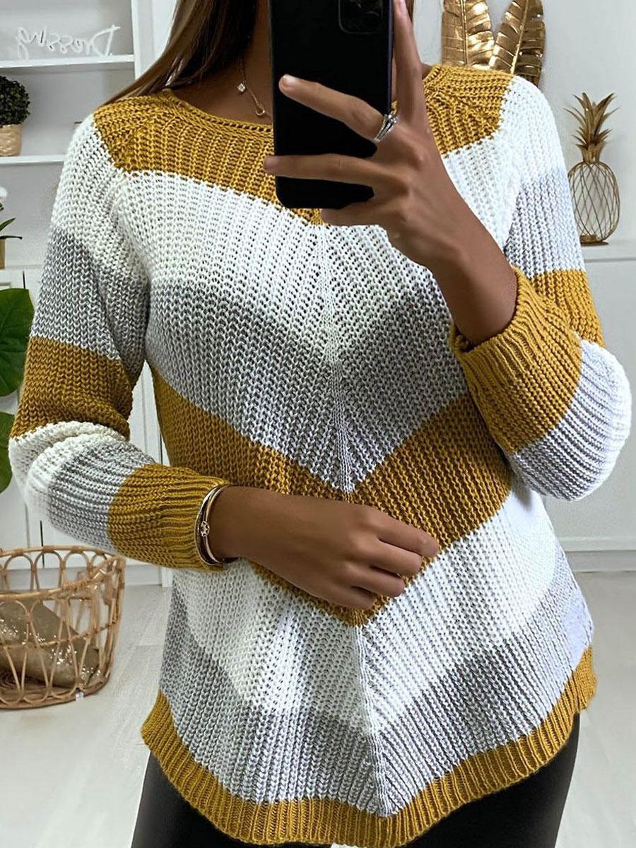 V-neck Contrast Stripe Print Loose Casual Sweater Pullover