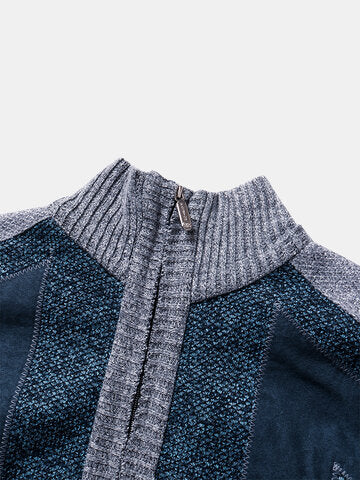 mens contrast stitching stand collar zipper front knitted casual cardigans