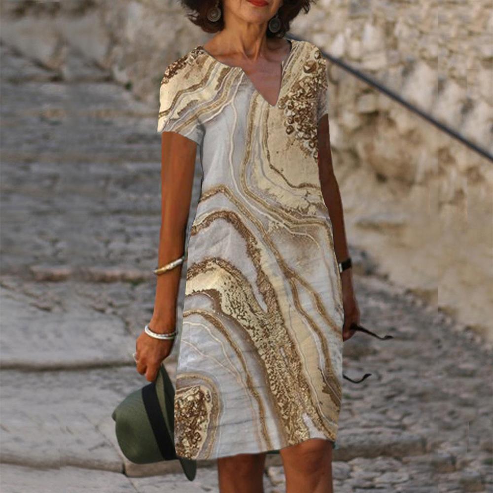 Art Print V-neck Short Sleeve Midi Dress Women