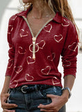 V-neck long-sleeved loose casual printed top with zipper lapel T-shirt